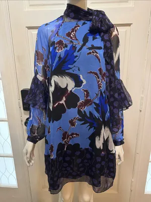Diane von Furstenberg Designer 100% Silk Floral Blue Long Sleeve Blouse Size S thumbnail 3
