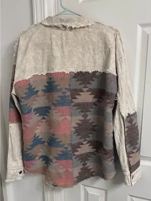 Southwestern Pattern Button-Up Shirt Jacket in Cream, Blue & Brown thumbnail 11