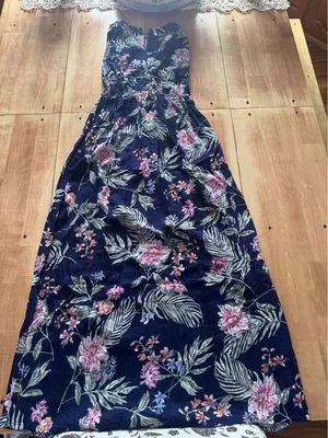 Japona Floral Maxi Dress Navy‎ Blue Pink White Tropical V Neck Midi Size M thumbnail 1