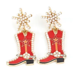 NEW! Red Cowgirl Boots Pearl Embellished Rhinestone Western Bling Glam Earrings thumbnail 1