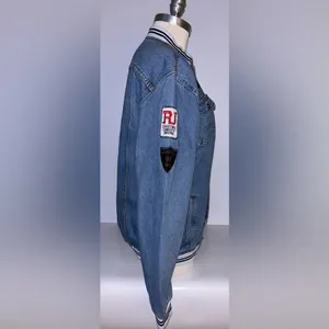 Denim Varsity Jacket Button Front Patches Pockets Size Medium Y2K Retro Vibe Blue thumbnail 3