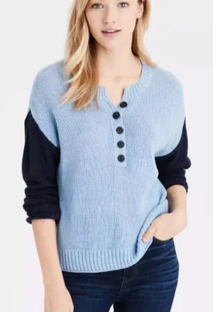 American Eagle Size Medium Knitted Blue 1/4 Button Top thumbnail 1