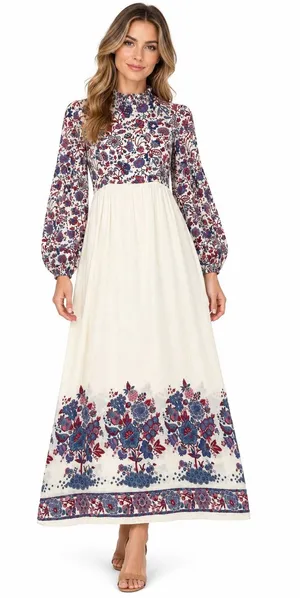 1970s Connie Sage Floral Prairie Empire Waist Maxi Dress Balloon Sleeves XS/S thumbnail 1