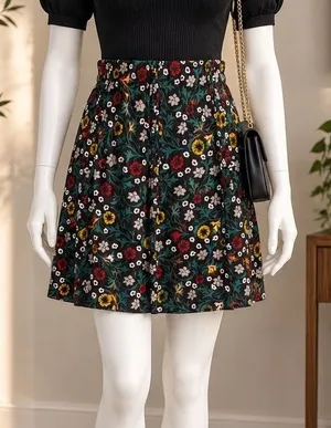 LOFT Womens Skirt Floral Print Elastic Waist Lined Black Multi Medium thumbnail 1