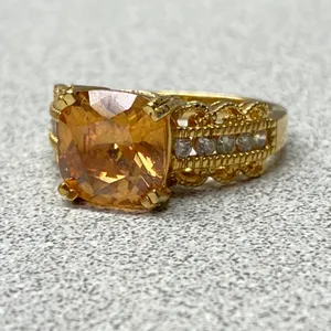 Vintage Sparkling Orange Cushion Cut Gold Pleated Sterling Silver Ring Size 8.75 thumbnail 4
