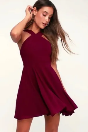 Lulu’s Forevermore‎ Burgundy Skater Strappy Mini Dress Size S thumbnail 1