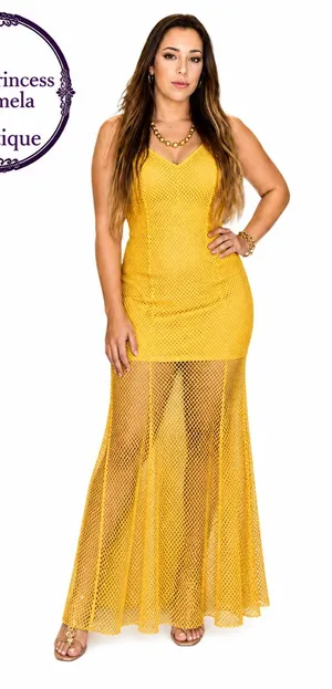 Yellow Mesh Maxi Dress thumbnail 1