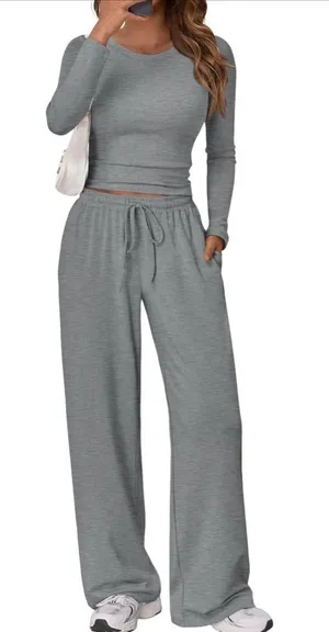 EKOUAER Woman’s Gray Wide-Leg Lounge Pant Drawstring Waist Long Sleeve Set Small thumbnail 1
