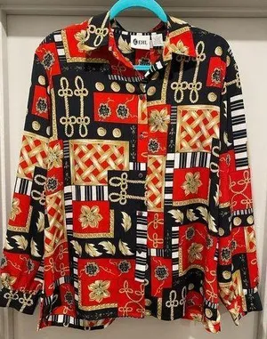 Vintage 80s EHL Red & Black Patterned Long-Sleeve Button-Up Blouse Top thumbnail 1
