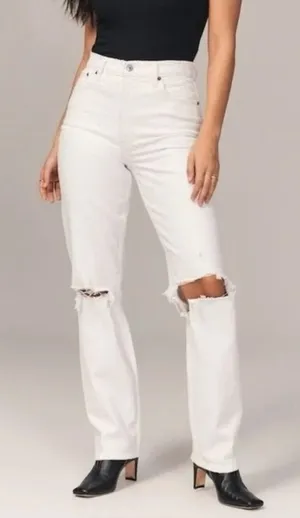 Abercrombie & Fitch The '90s Ultra High Rise Ripped Straight Jeans Cream 30 / 10 thumbnail 1