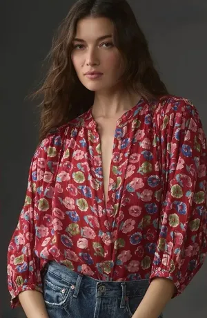 Anthropologie Pilcro The Sidney Batwing Blouse Red Floral XS NEW thumbnail 1