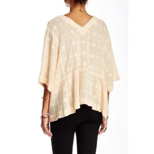 Free People Amber Skies Embroidered Floral Peach Cream Oversized Top Sheer M thumbnail 2