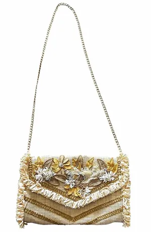 Chico's Embellished Floral Straw Envelope Clutch Purse Crossbody Chain Strap thumbnail 1