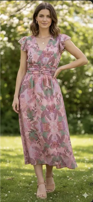 CIEBON Jennsen Ruched Flutter Sleeve Maxi Dress In Pink Size Small Floral thumbnail 1