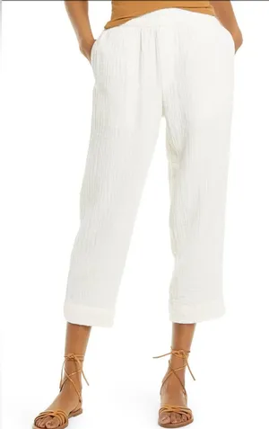 Madewell Lightspun Tapered Huston Pull-On Crop Pants Cream Gauze Size L thumbnail 1