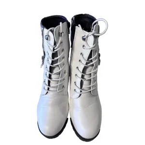 Yoki Womens's Zipper Laces Platform Combat White Black Plaid Chunky Heel Boots 8 thumbnail 2