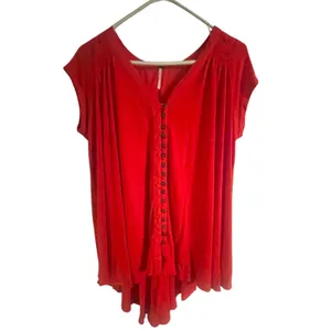 Free People‎ Orange Button Front Tunic Top Cap Sleeve Boho Smocked Back V-Neck thumbnail 2