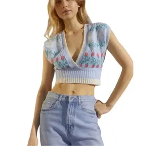 Urban Outfitters Cropped Knit Sweater Vest Floral Strawberry Butterflies Size XS thumbnail 2
