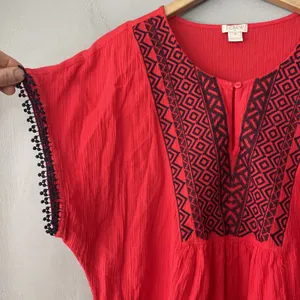 J Crew Pom Pom Tunic Top Size Medium Red Blue Gauze Embroidered Coastal Boho thumbnail 2