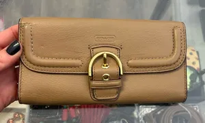 Coach Taupe Leather Flap Wallet Brass Turn Lock Long Bifold Neutral thumbnail 1