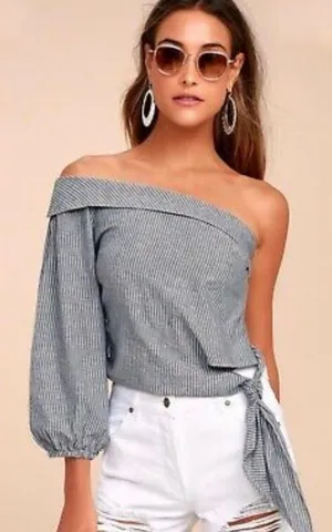 Free People Get Down Blue Striped One Shoulder Crop thumbnail 1