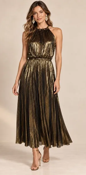 Lucy Paris Metallic Gold Pleated Halter Midi Dress DR3713-2 Small thumbnail 1