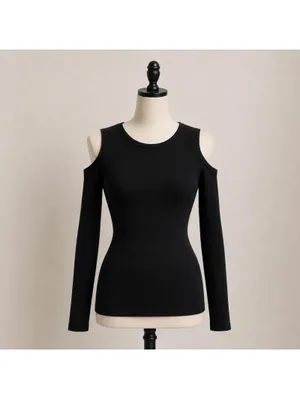 AllSaints Black Cold Shoulder Long Sleeve Top Minimalist Stretch Knit XS-S thumbnail 2