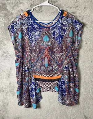 Clover Canyon Flower Power‎ Blouse XS Blue Paisley Scarf Print Indie New thumbnail 1