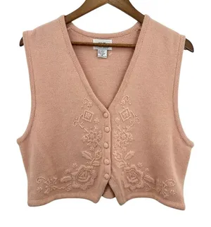 Cricket Lane Petites Vintage Pink‎ Peach Knit Vest Embellished Floral Grannycore thumbnail 1