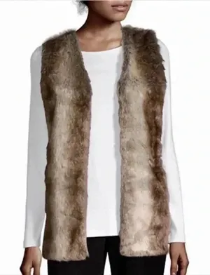 Liz Claiborne Faux Fur Front Ribbed Knit Back Open Vest Brown‎ Tan Small thumbnail 1