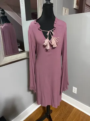NWT Ariat Boho Western mauve dress keyhole neckline crochet detail bell sleeve & tassel large thumbnail 2