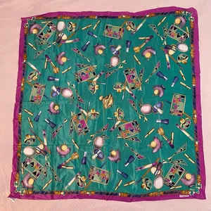 Vintage 100% silk scarf by Cordello. Motif features items from a vanity table. thumbnail 1