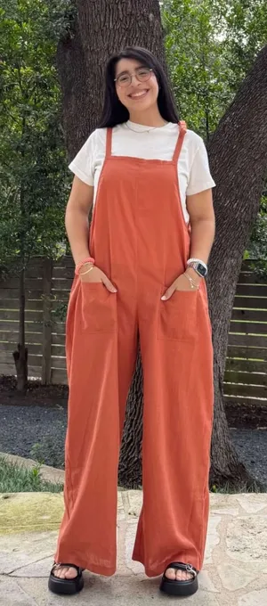 Shiny by Nature Womes Linen Overalls Canyon Orange Wide Leg Square Neck Bib thumbnail 1