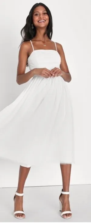 LULU's Bridal Shower Engagement Swiss Dot Romantic Flowy Midi Dress thumbnail 1