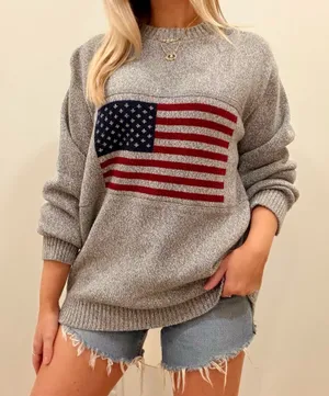 Vintage 90’s American Flag Marled Crewneck Sweater in Gray thumbnail 1