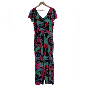 Cupio Tropical Floral Print Chiffon Ruffle Flutter‎ Sleeve V Neck Jumpsuit thumbnail 2