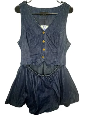 NWT Cider Dark Wash Denim Button Up Vest Mini Dress Bubble Skirt thumbnail 1