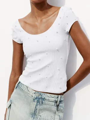 Zara NWT Pearl White Scoop Neck Ribbed Top Pearl Embellishments thumbnail 1