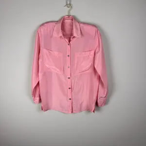 Vintage 100% Silk Blouse Button Down‎ Light Pink Sz Medium 90's Shoulder Pads thumbnail 11