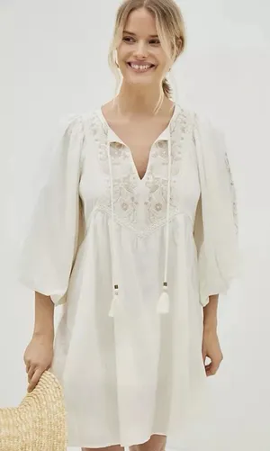 Anthropologie Viveka Embroidered Lace Mini Dress Medium goddess bohemian fairy thumbnail 1
