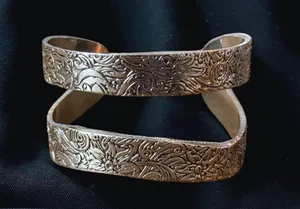 Silver tone floral etched cut out wavy cuff bangle bracelet thumbnail 1