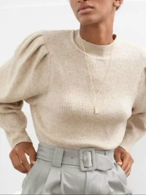 & Other Stories Beige Puff-Sleeve Ribbed Mock Neck Sweater thumbnail 1