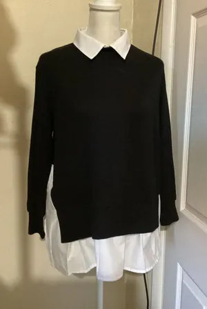 French Connection Women Small Black White Layered Look Collared Pleated Sweater thumbnail 1