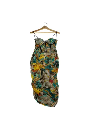 Mesh Corset Mini Dress M Baroque Cherub Art Print Ruched Bodycon thumbnail 4