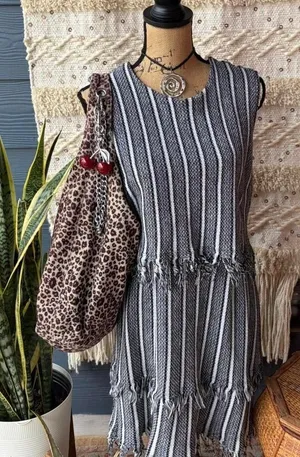 ASOS black and white striped knit fringe dress open back layered boho fringe thumbnail 1