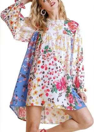 Umgee mixed print floral animal print polka dot balloon sleeve dress size small‎ thumbnail 1