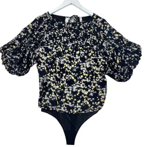 Free People Intimately‎ Bodysuit Floral Puff Sleeve Black Boho Top Womens S thumbnail 3