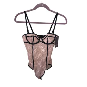 Coquette Pink Lace Bodysuit Contrast Black Piping Teddy Corset Top Y2K Dollette thumbnail 4