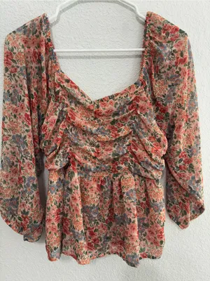 American Eagle Outfitters Peach Floral Ruched Peplum Blouse thumbnail 2