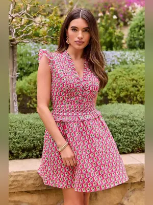 NWT Avara block print mini dress ruffle flutter sleeve floral pockets makayla thumbnail 2